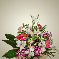 Beautiful bouquet of bright flowers. Copy spase, flat lay, top view, Holiday symbol. Greeting card