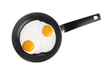 Tasty cooked chicken eggs in frying pan isolated on white, top view