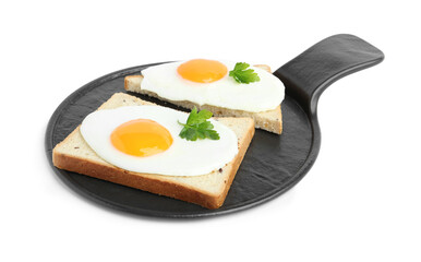 Tasty fried eggs with bread and parsley isolated on white