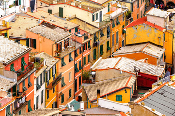 Fototapeta na wymiar It's Panorama of Vernazza (Vulnetia), a small town in province of La Spezia, Liguria, Italy. It's one of the lands of Cinque Terre, UNESCO World Heritage Site