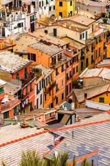 Fototapeta na wymiar It's Aerial view of the houses in Vernazza (Vulnetia), a small town in province of La Spezia, Liguria, Italy. It's one of the lands of Cinque Terre, UNESCO World Heritage Site