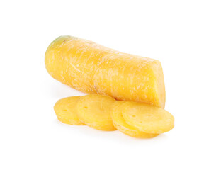 Pieces of raw yellow carrot isolated on white