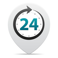 Open around the clock or 24 hours a day and 7 days a week symbol on map pin icon isolated on white background. Vector illustration