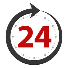 Open or served around the clock, 24 hours a day flat red stylized icon isolated on white background.