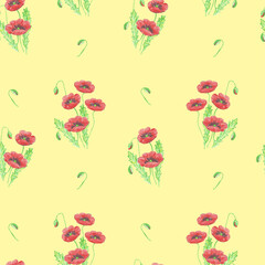 seamless pattern of drawn red poppies with buds on a yellow background