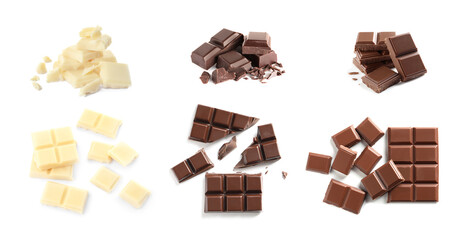 Set with pieces of different tasty chocolate on white background. Banner design