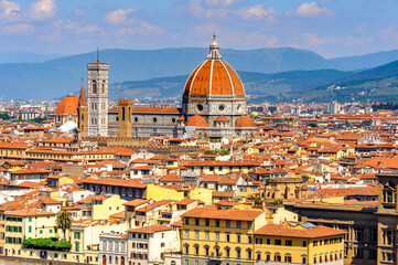 It's Cathedral of Santa Maria del Fiore in Tuscany, Florence, Italy. View from the Michelangelo Square