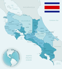 Obraz premium Blue-green detailed map of Costa Rica administrative divisions with country flag and location on the globe.