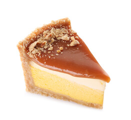 Piece of delicious cake with caramel isolated on white