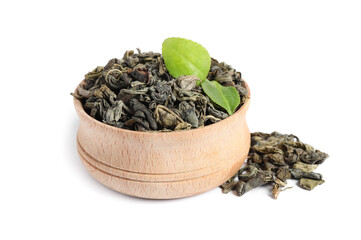 Dry and fresh tea leaves isolated on white