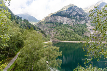 Fototapeta na wymiar alpine high mountain lake, coniferous woods are reflected in the water, Antrona valley Campliccioli lake, Italy Piedmont