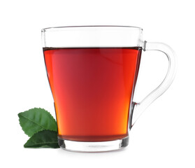 Fresh black tea and green leaves isolated on white