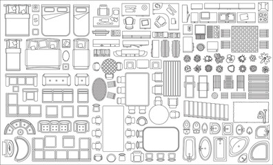 Set of linear icons. Interior top view. Isolated Vector Illustration. Furniture and elements for living room, bedroom, kitchen, bathroom. Floor plan (view from above). Furniture store. - obrazy, fototapety, plakaty
