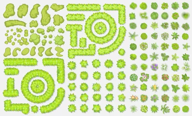 Wall murals Lime green Green fence, trees, bushes. (Top view) Different plants and trees vector set for architectural or landscape design. (View from above) Nature green spaces.