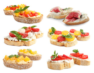Set of toasted bread with different toppings on white background