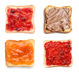 Set of toasted bread with different toppings on white background, top view