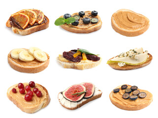 Set of toasted bread with different toppings on white background