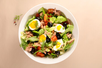 vegetable salad with egg, tomato, tuna, olive