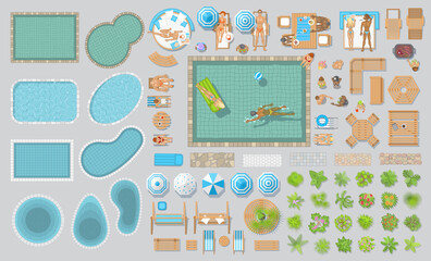 Vector set. Swimming pool top view. Pools of various shapes, furniture, people, plants.
(View from above)