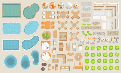 Vector set of architectural elements. (Top view) Pools of various shapes, paths, fences, lights, furniture, trees. (View from above)
