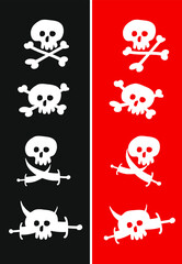 A few simple variations of the Jolly Roger pirate flag on a red and black background.