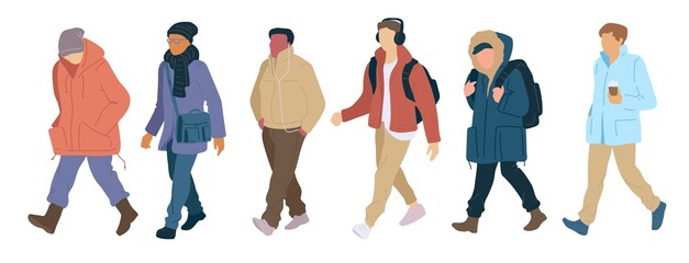Crowd walking men of casual autumn clothes modern street style. Set vector flat cartoon characters colorful isolated illustration on white background.