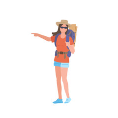 Girl with hiking backpack wearing sunglasses and a hat he points with his hand. Young woman explorer or traveller in sportswear. Adventure tourism, travel and discovery flat vector illustration.
