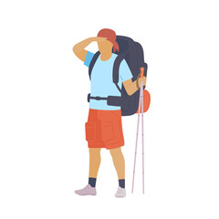 Man with hiking backpack and trekking sticks looking into the distance. Young guy explorer or traveller in sportswear. Adventure tourism, travel and discovery flat vector illustration.