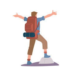 Man with hiking backpack and trekking sticks standing of mountain arms outstretched. Young guy explorer or traveller in sportswear. Adventure tourism, travel and discovery flat vector illustration.