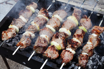 pork skewers grilled on the grill, close-up
