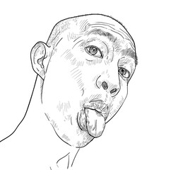 Drawing funny portrait of a man sticky tongue out.