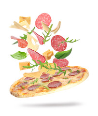 Delicious pizza with flying ingredients on white background