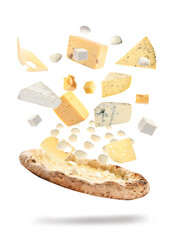 Delicious pizza with flying ingredients on white background