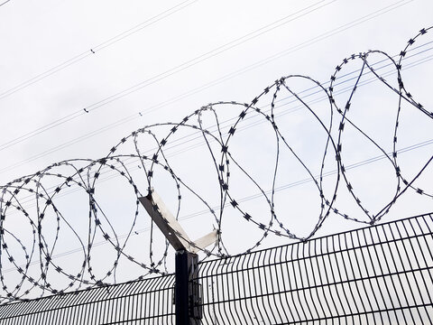Coils of sharp razor wire on a wire mesh fence. Maximum security facility. Prison, penitentiary, border control and detention concept.
Perimeter fencing for restricted access and intrusion prevention.