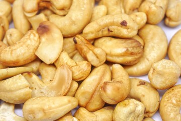Close up of cashew nuts with white backgorund.