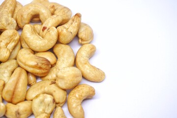 Close up of cashew nuts with white backgorund.