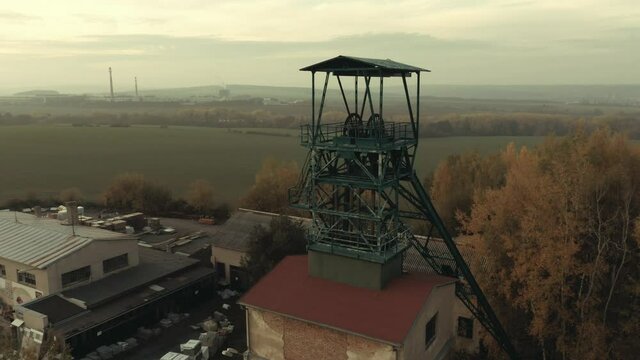 Winding tower of old underground mine. Coal mining in Czech Republic.