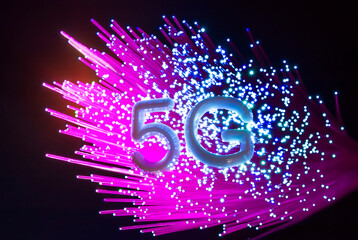 5G signs with Fiber optics background,Communication Concept