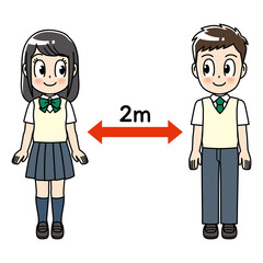 ソーシャルディスタンス 学生　高校生 男女 2ｍ 全身 social distancing コロナ 予防 矢印　女子高生　男子高校生　制服　感染症予防 ソーシャル・ディスタンス 飛沫感染  イラスト 男性 女性 安全 ウイルス 予防 健康  感染予防 ウィルス 感染症対策 風邪予防 感染症 コロナウイルス COVID-19 新型コロナウイルス　中学生　女子中学生　男子中学生