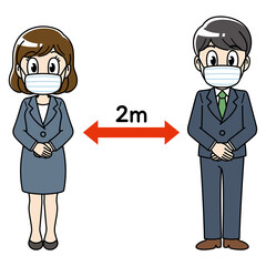 ソーシャルディスタンス スーツ　会社員　男女 2ｍ 全身 social distancing コロナ 予防 矢印　ビジネス　仕事　働く 感染症予防 ソーシャル・ディスタンス 飛沫感染 大人 イラスト 男性 女性 安全 ウイルス 予防 健康  感染予防 ウィルス 感染症対策 風邪予防 感染症 コロナウイルス COVID-19 新型コロナウイルス マスク
