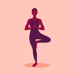 An African woman is standing in a yoga pose on a white background. Exercise for health. Vector flat illustration