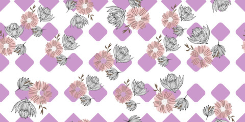 Fashionable cute pattern in native chamomile and lotus  flowers. Flower seamless background for textiles, fabrics, covers, wallpapers, print, gift wrapping or any purpose