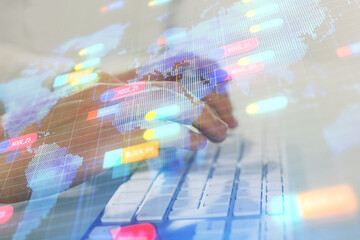 Multi exposure of tech drawings with man working on computer background. Concept of innovation.