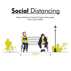 Social distancing illustration man and woman in the garden.prevent from virus spreading and flu prevention coronavirus, social isolation and self quarantine concept