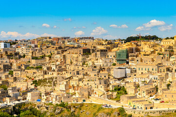 It's Panoramic view of Matera, Puglia, Italy. The Sassi and the Park of the Rupestrian Churches of Matera. UNESCO World Heritage site