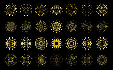 Star shape gold fireworks explosion pattern set. Flat art deco style star shaped firework pattern collection isolated on black background. Christmas festive graphic design, carnival shine decoration