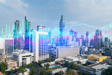 Day time bright Bangkok city background with business chart grid. Success and finance concept. Doublexposure