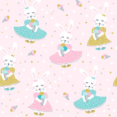 Seamless pattern with cute  bunny with ice cream. Vector