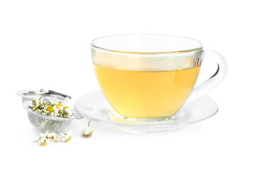 Fresh chamomile tea and dry flowers in infuser isolated on white