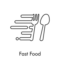Concepto restaurante. Icono plano lineal texto Fast Food con cubiertos con líneas de velocidad en color negro
